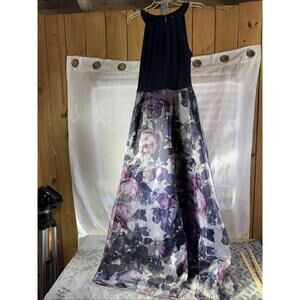 SL Fashions Formal Maxi Dress Black And Purple Floral Print Sz -12